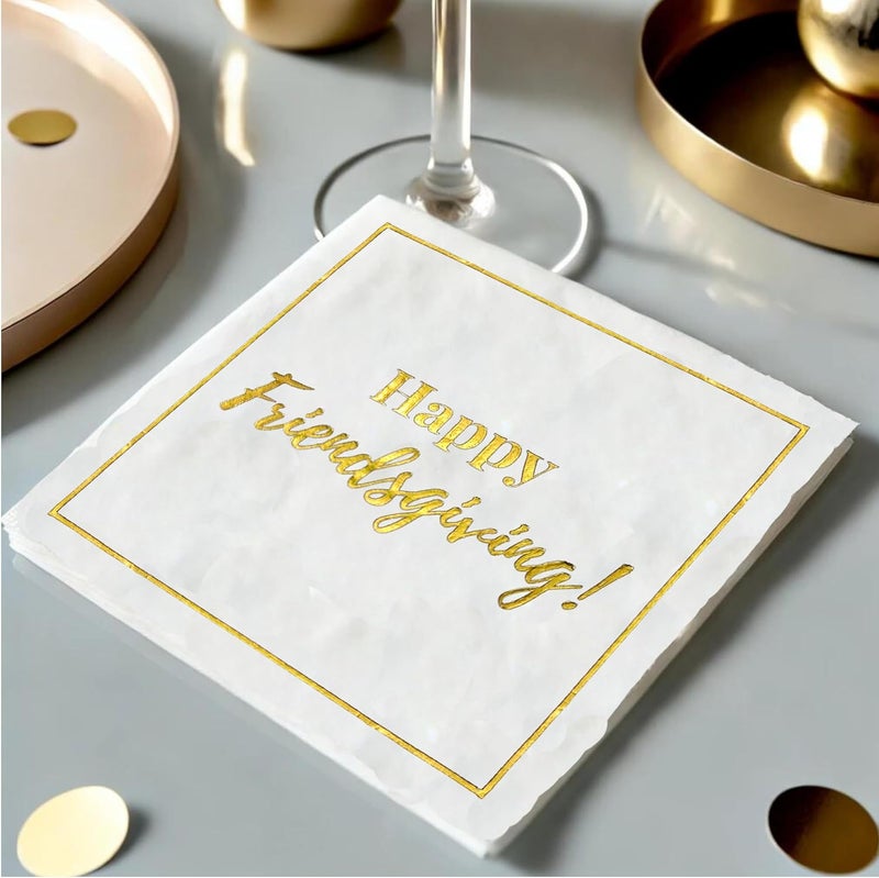 Cloverjoyed Happy Friendsgiving Cocktail Napkins, 50 Pack, White and Gold Thanksgiving Party Decorations, Great for Dinners, Beverages, Dessert, Appetizers - Image 5